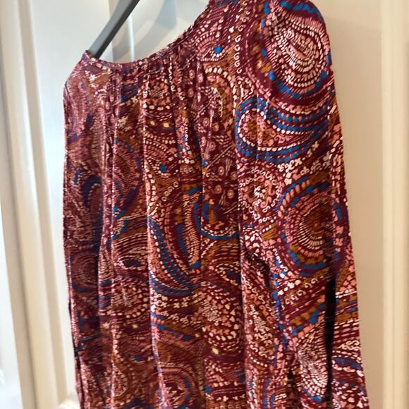KNOX ROSE -NWT- Long Sleeve Tunic Top Red Paisley Peasant Boho Blouse | M - Picture 3 of 11